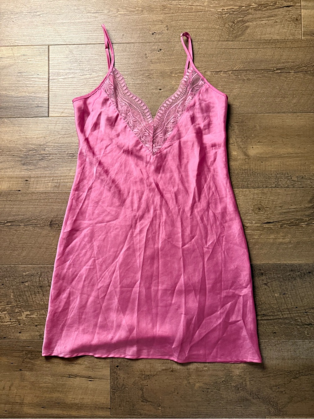 Lace-Trim Pink Satin Slip Chemise with Adjustable Straps